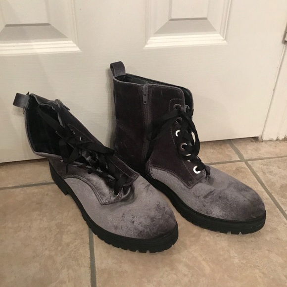Mossimo Grey Velvet Lace Up Combat Boots - Picture 2 of 6